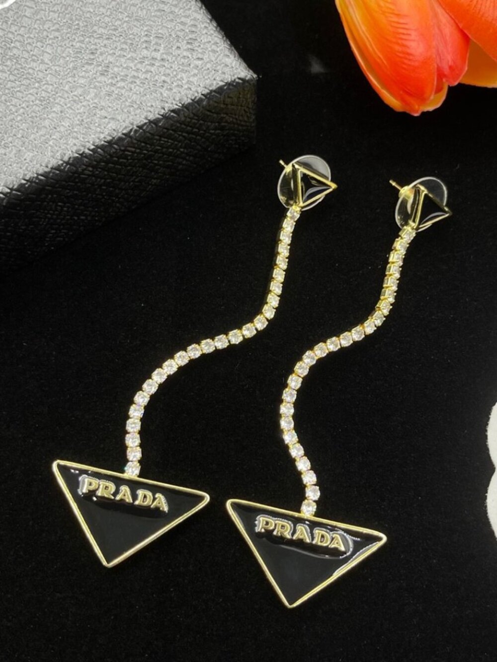 ✨ Prada- Black and Gold Long Crystal TriangleDrop Earrings✨